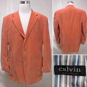 Men's Calvin America Tangerine Orange 3-Button Corduroy 48L Blazer Jacket Coat